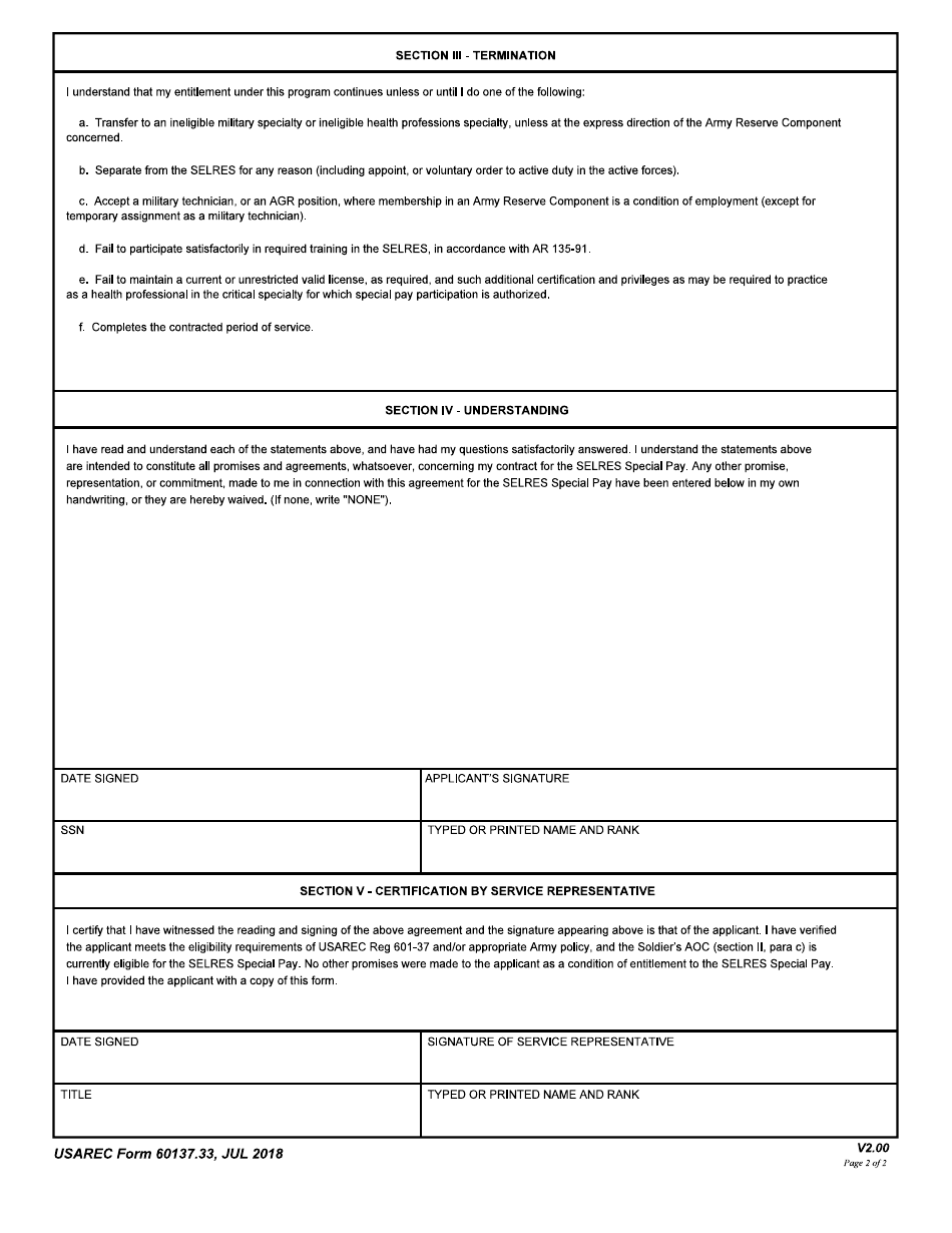 USAREC Form 601-37.33 Selected Reserve Special Pay Program Contract (Special Pay for Selres Health Care Professionals in Critically-Short Wartime Specialties), Page 2