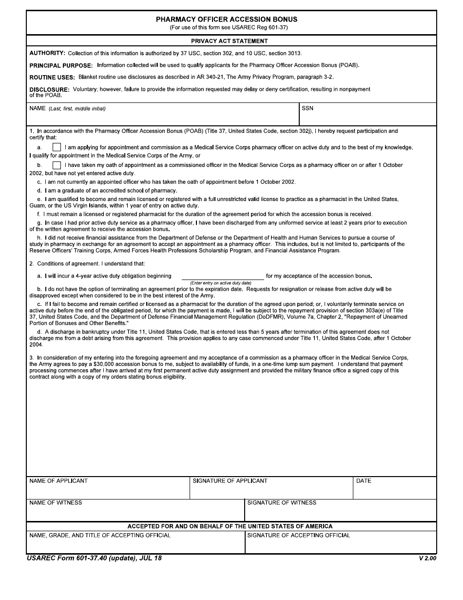 USAREC Form 601-37.40 Pharmacy Officer Accession Bonus, Page 1