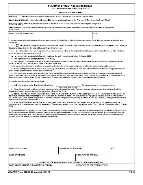 USAREC Form 601-37.40 Pharmacy Officer Accession Bonus