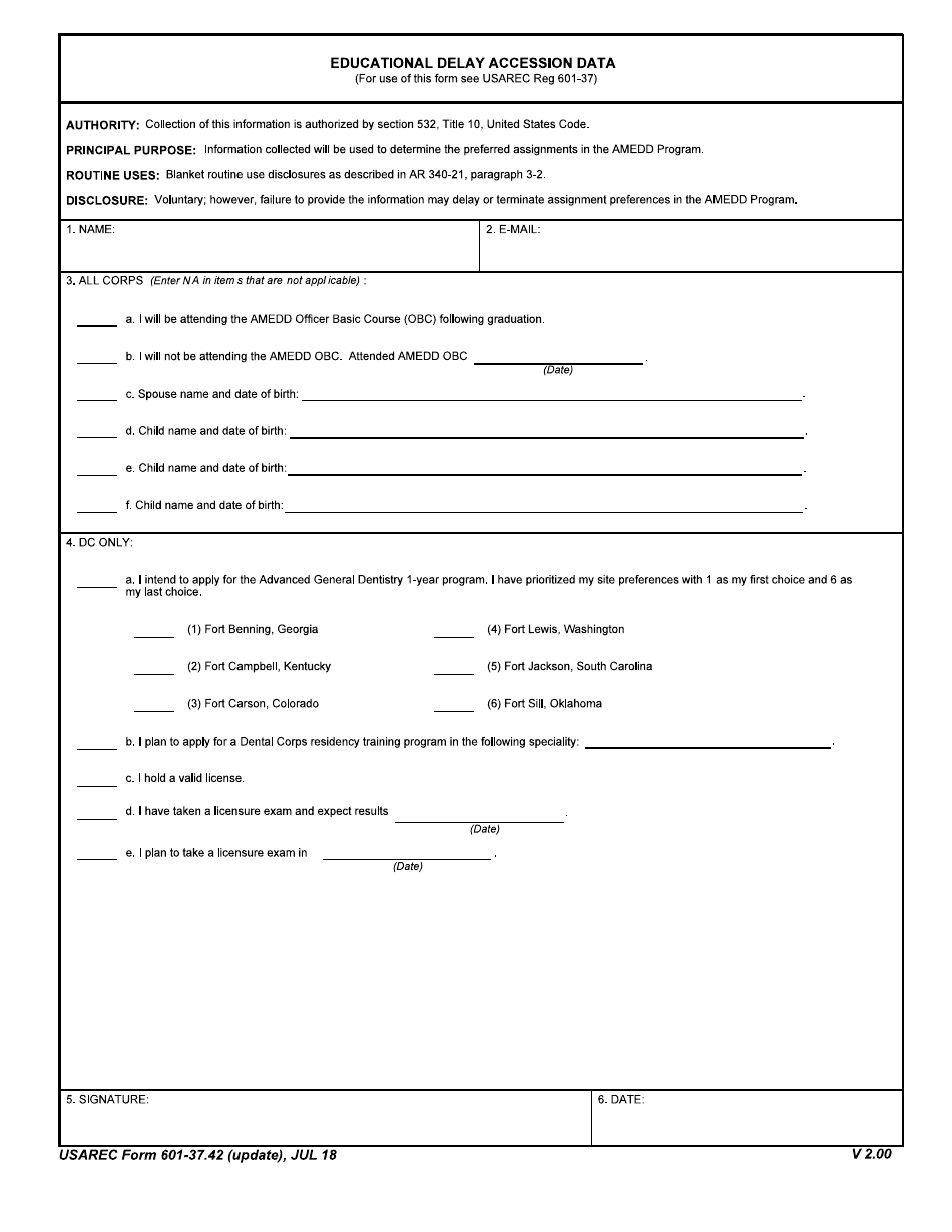 USAREC Form 601-37.42 Educational Delay Accession Data, Page 1