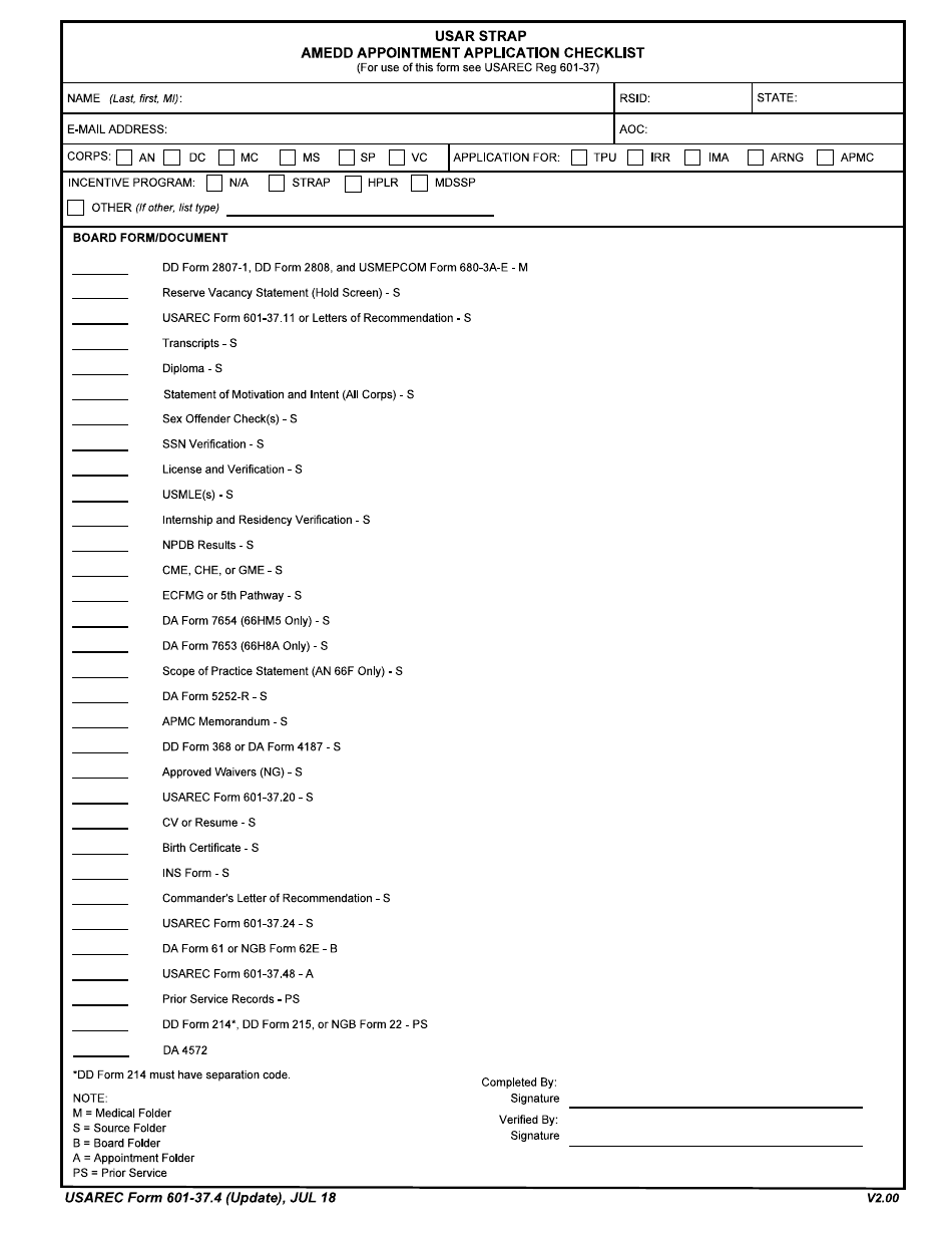 USAREC Form 601-37.4 USAR Strap Amedd Appointment Application Checklist, Page 1