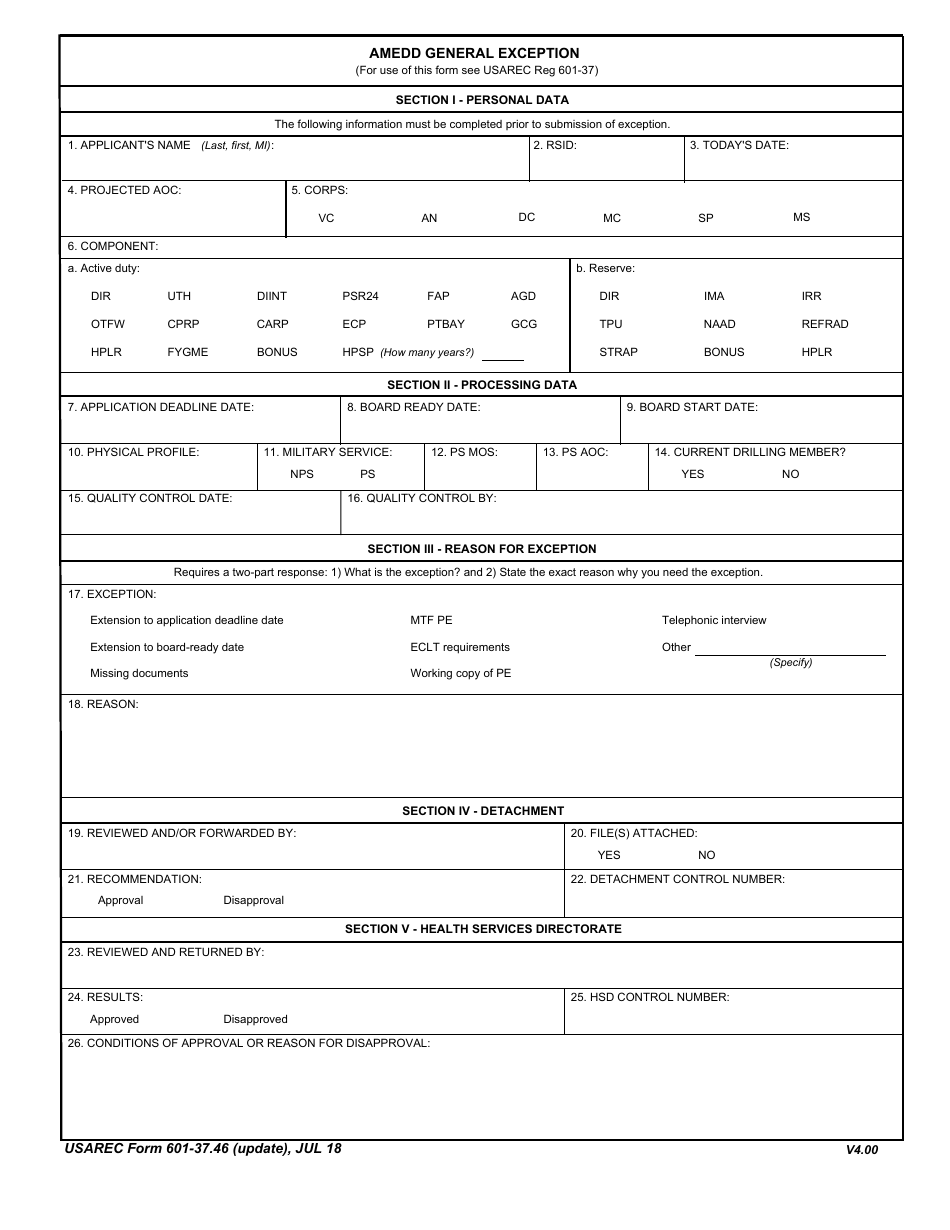 USAREC Form 601-37.46 Amedd General Exception, Page 1