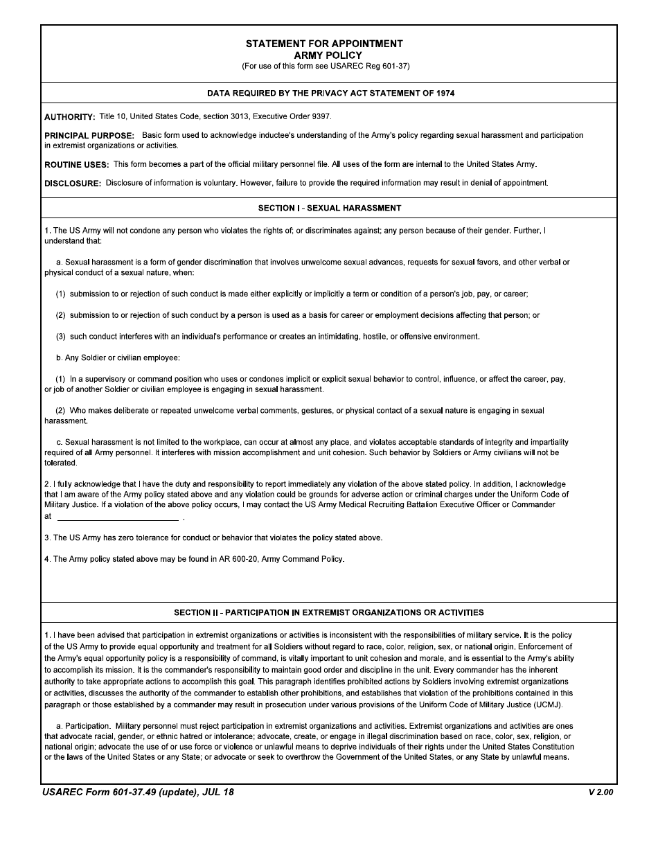 USAREC Form 601-37.49 Statement for Appointment - Army Policy, Page 1