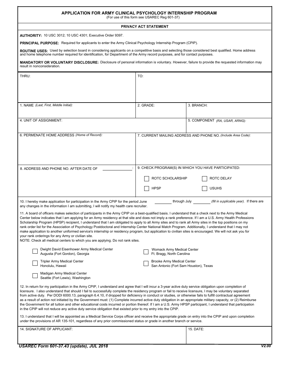 USAREC Form 601-37.43 Application for Army Clinical Psychology Internship Program, Page 1