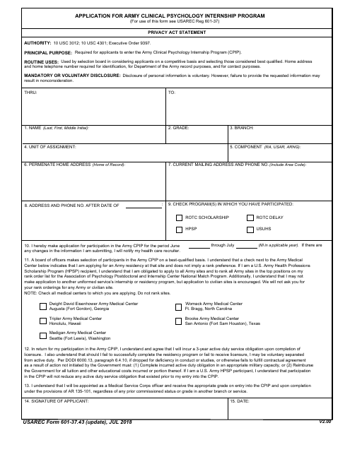 USAREC Form 601-37.43 Application for Army Clinical Psychology Internship Program