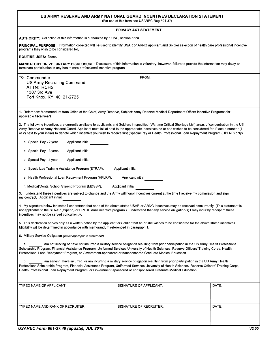 USAREC Form 601-37.48 U.S. Army Reserve and Army National Guard Incentives Declaration Statement, Page 1