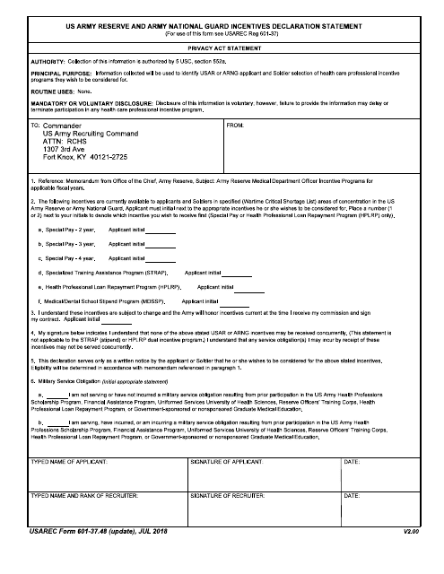 USAREC Form 601-37.48 U.S. Army Reserve and Army National Guard Incentives Declaration Statement