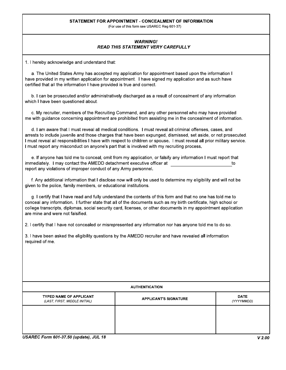 USAREC Form 601-37.50 Statement for Appointnent - Concealment of Information, Page 1