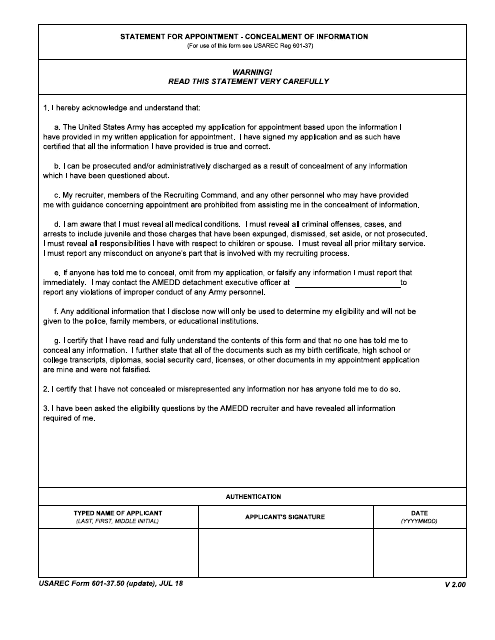 USAREC Form 601-37.50 Statement for Appointnent - Concealment of Information