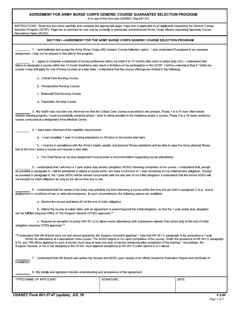 USAREC Form 601-37.47 Agreement for Army Nurse Corps Generic Course Guarantee Selection Program, Page 1