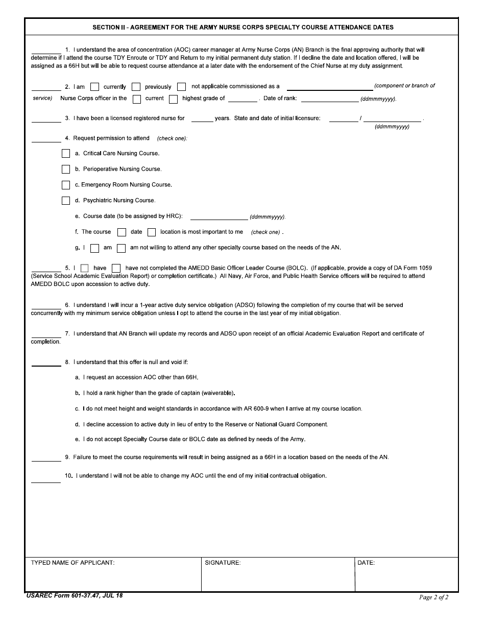 USAREC Form 601-37.47 Agreement for Army Nurse Corps Generic Course Guarantee Selection Program, Page 2