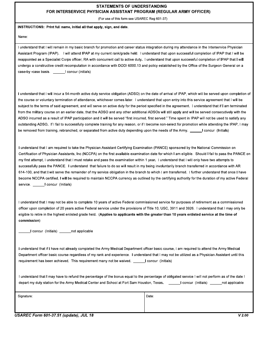 USAREC Form 601-37.51 Statements of Understanding for Interservice Physician Assistant Program - Regular Army Officer, Page 1