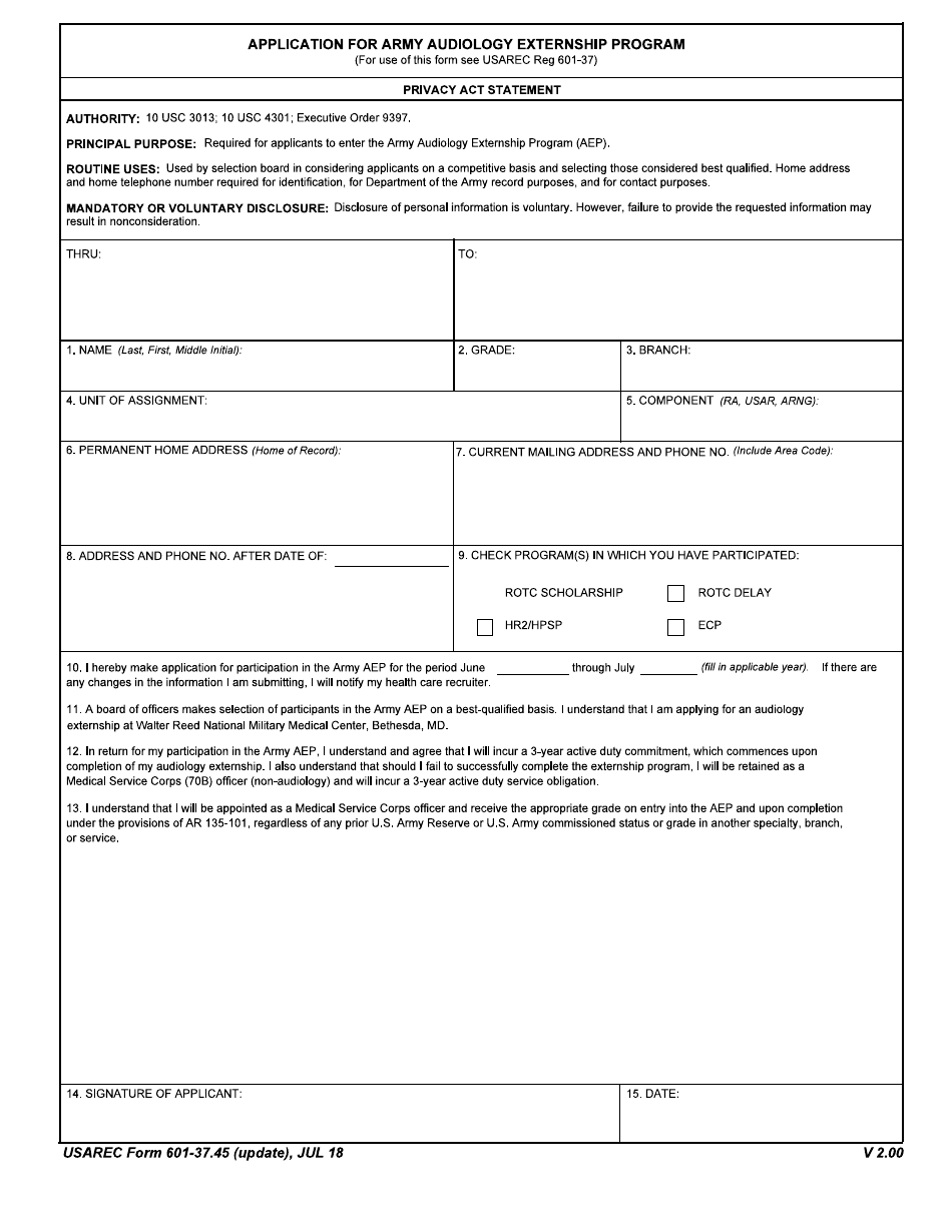 USAREC Form 601-37.45 Application for Army Audiology Externship Program, Page 1
