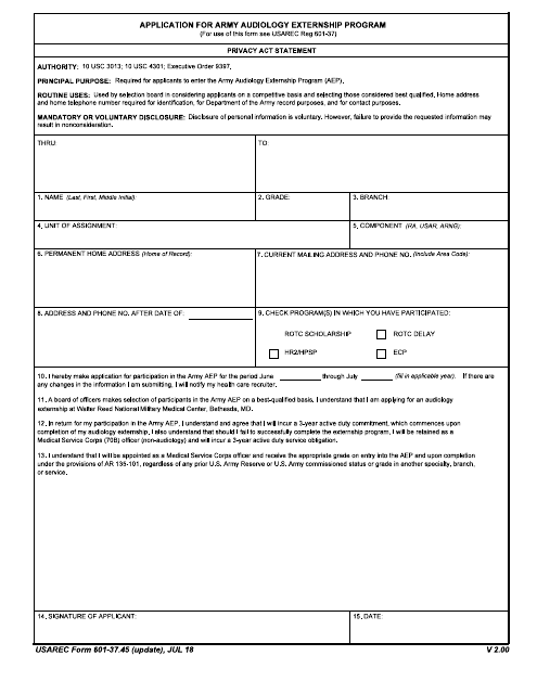 USAREC Form 601-37.45 Application for Army Audiology Externship Program