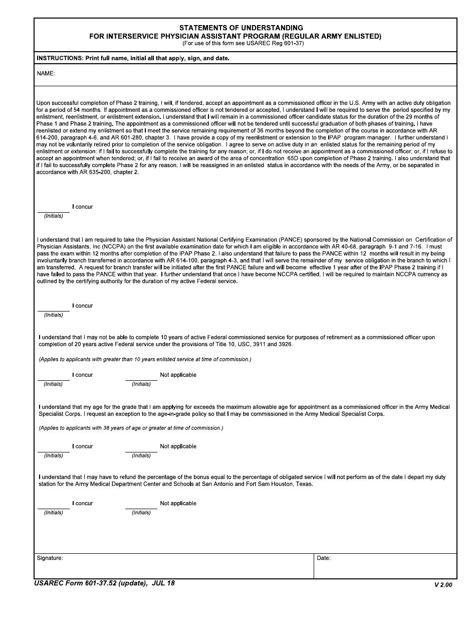 USAREC Form 601-37.52 Statements of Understanding for Interservice Physician Assistant Program (Regular Army Enlisted), Page 1