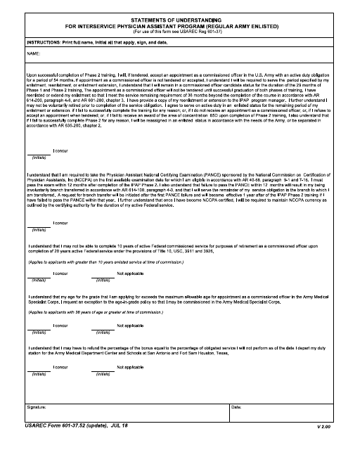 USAREC Form 601-37.52 Statements of Understanding for Interservice Physician Assistant Program (Regular Army Enlisted)