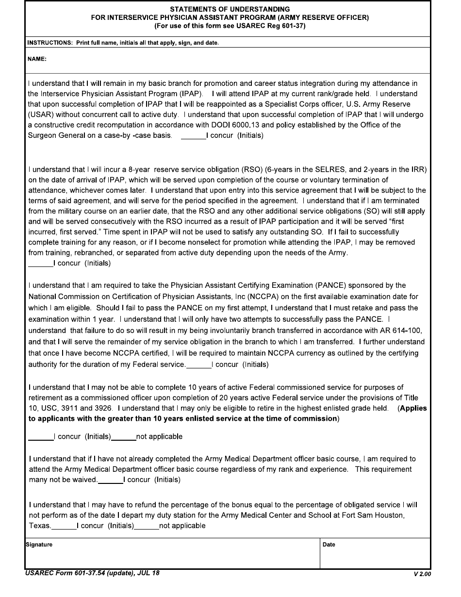 USAREC Form 601-37.54 Statements of Understanding for Interservice Physician Assistant Program (Army Reserve Officer), Page 1