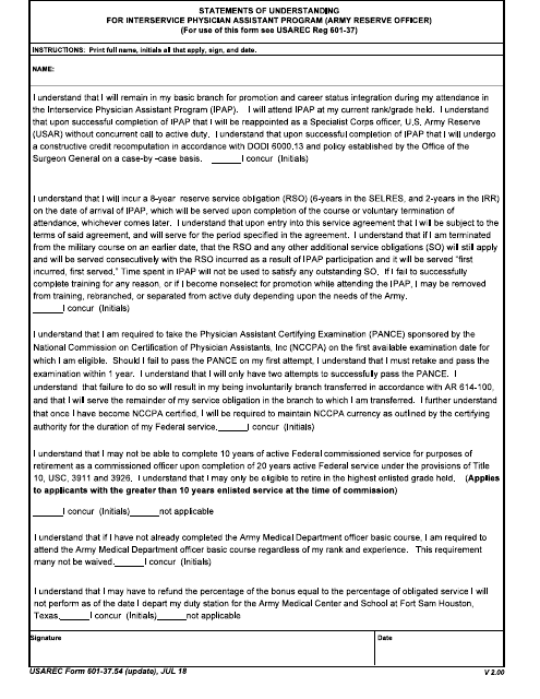 USAREC Form 601-37.54 Statements of Understanding for Interservice Physician Assistant Program (Army Reserve Officer)