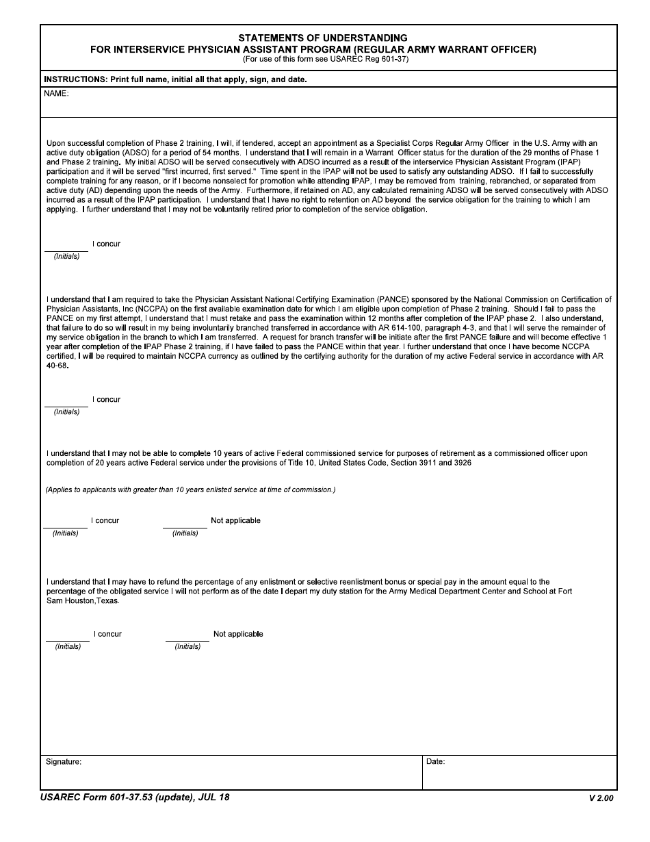 USAREC Form 601-37.53 Statements of Understanding for Interservice Physician Assistant Program (Regular Army Warrant Officer), Page 1
