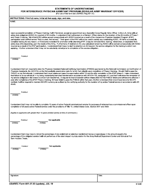 USAREC Form 601-37.53 Statements of Understanding for Interservice Physician Assistant Program (Regular Army Warrant Officer)