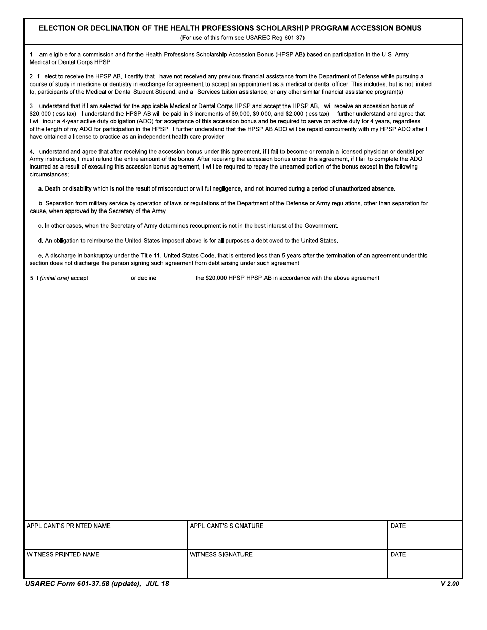 USAREC Form 601-37.58 Election or Declination of the Health Professions Scholarship Program Accession Bonus, Page 1