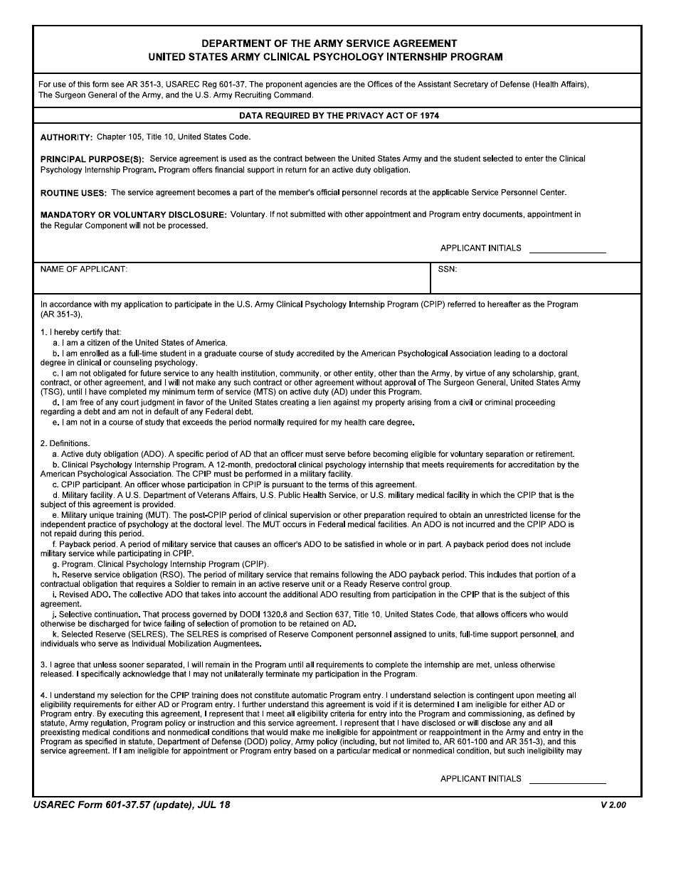 USAREC Form 601-37.57 Department of the Army Service Agreement - United States Army Clinical Psychology Internship Program, Page 1