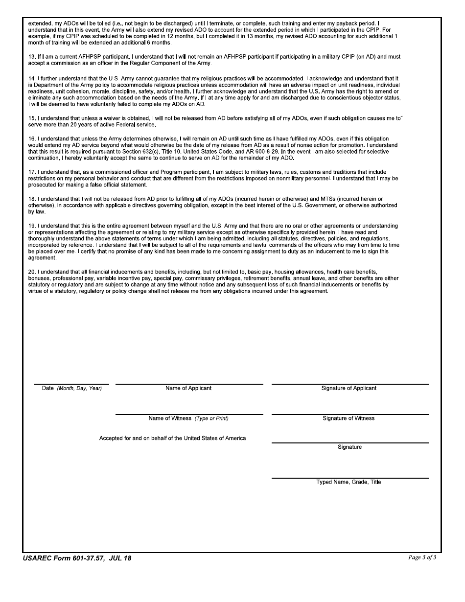 USAREC Form 601-37.57 Department of the Army Service Agreement - United States Army Clinical Psychology Internship Program, Page 3