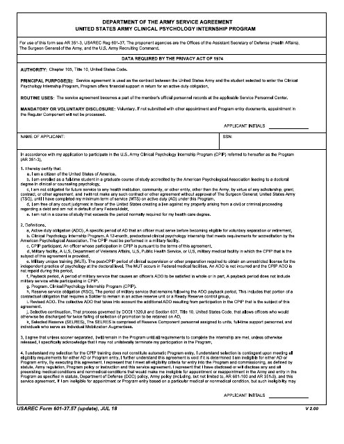 USAREC Form 601-37.57 Department of the Army Service Agreement - United States Army Clinical Psychology Internship Program