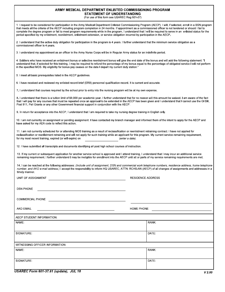 USAREC Form 601-37.61 Statement of Understanding - Army Medical Department Enlisted Commissioning Program, Page 1