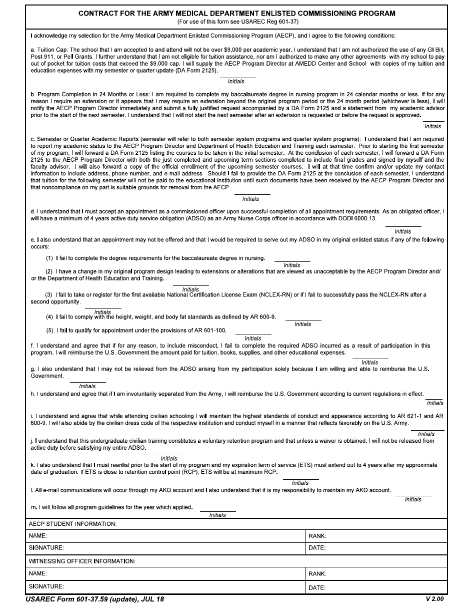 USAREC Form 601-37.59 Contract for the Army Medical Department Enlisted Commissioning Program, Page 1