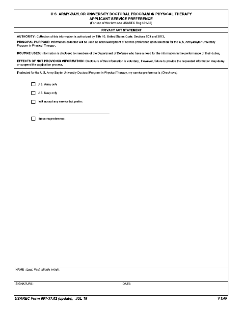 USAREC Form 601-37.62  Printable Pdf