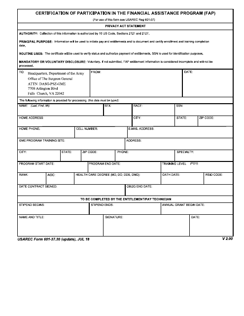 USAREC Form 601-37.30  Printable Pdf