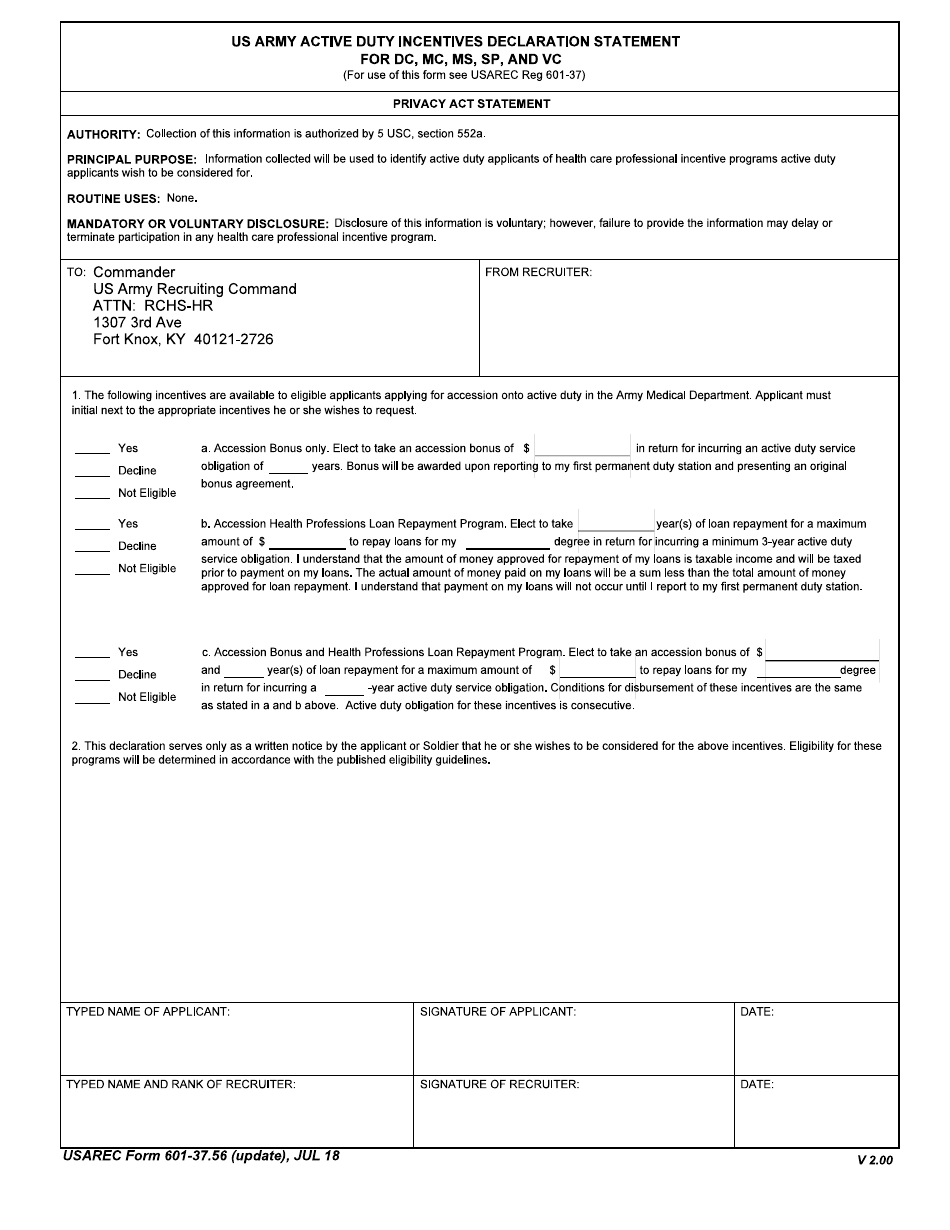 USAREC Form 601-37.56 US Army Active Duty Incentives Declaration Statement for Dc, Mc, Ms, Sp and Vc, Page 1