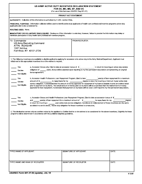 USAREC Form 601-37.56 US Army Active Duty Incentives Declaration Statement for Dc, Mc, Ms, Sp and Vc