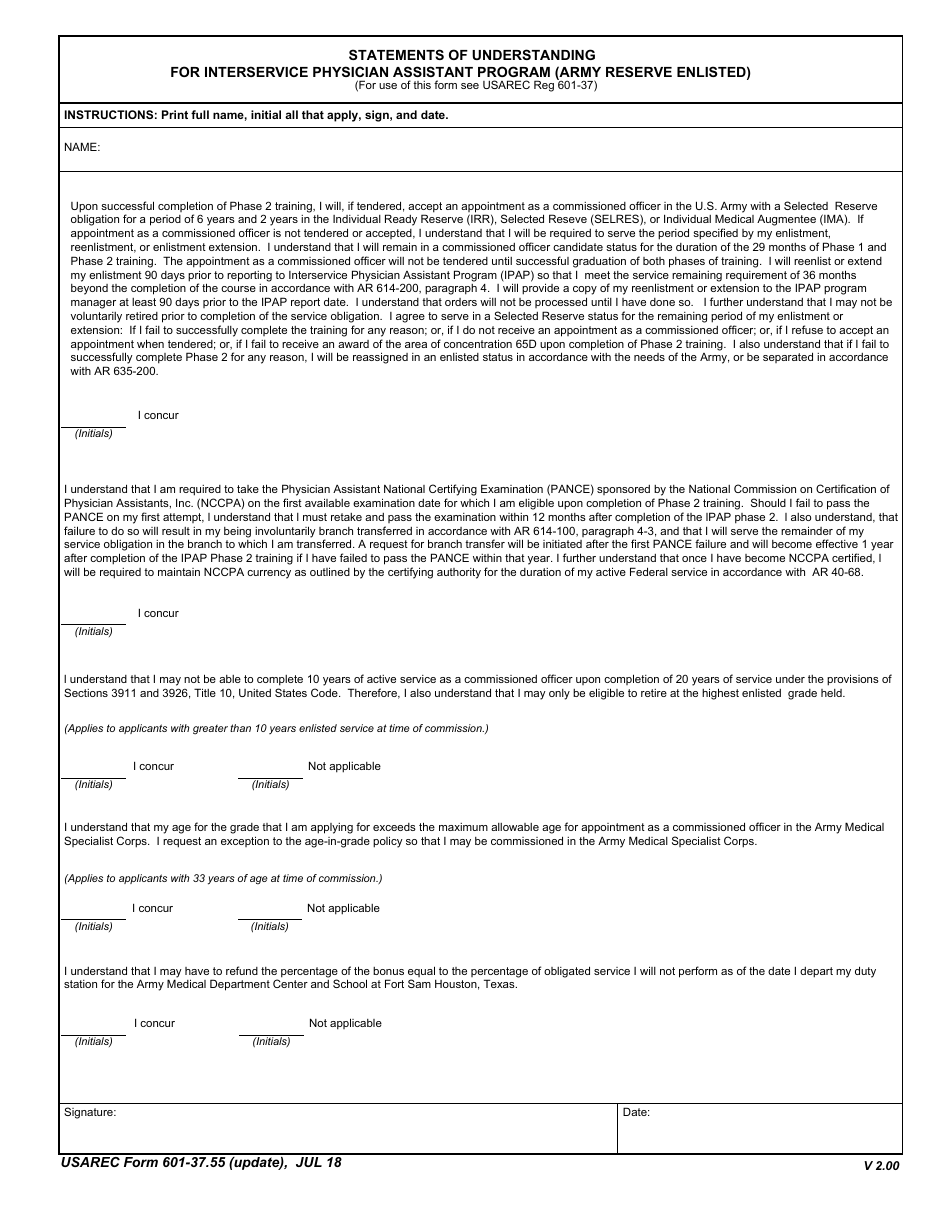 USAREC Form 601-37.55 Statements of Understanding for Interservice Physician Assistant Program (Army Reserve Enlisted), Page 1