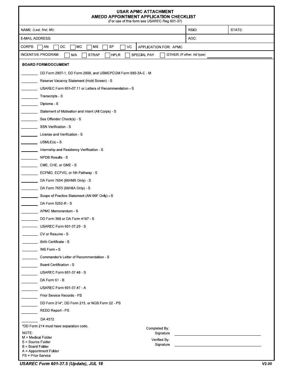 USAREC Form 601-37.5 USAR-Apmc Attachment - Amedd Appointment Application Checklist, Page 1