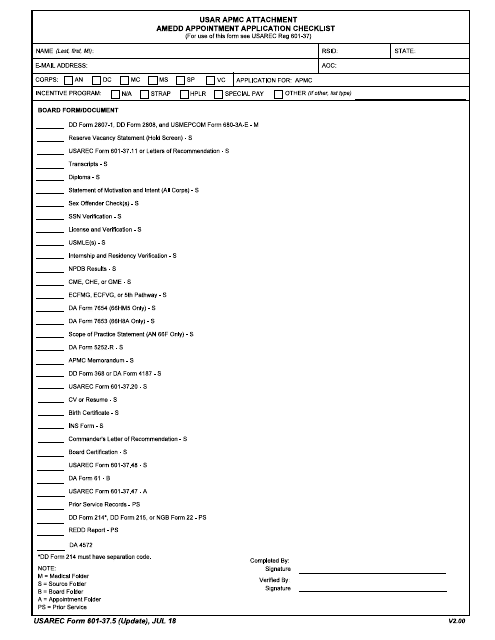 USAREC Form 601-37.5 USAR-Apmc Attachment - Amedd Appointment Application Checklist