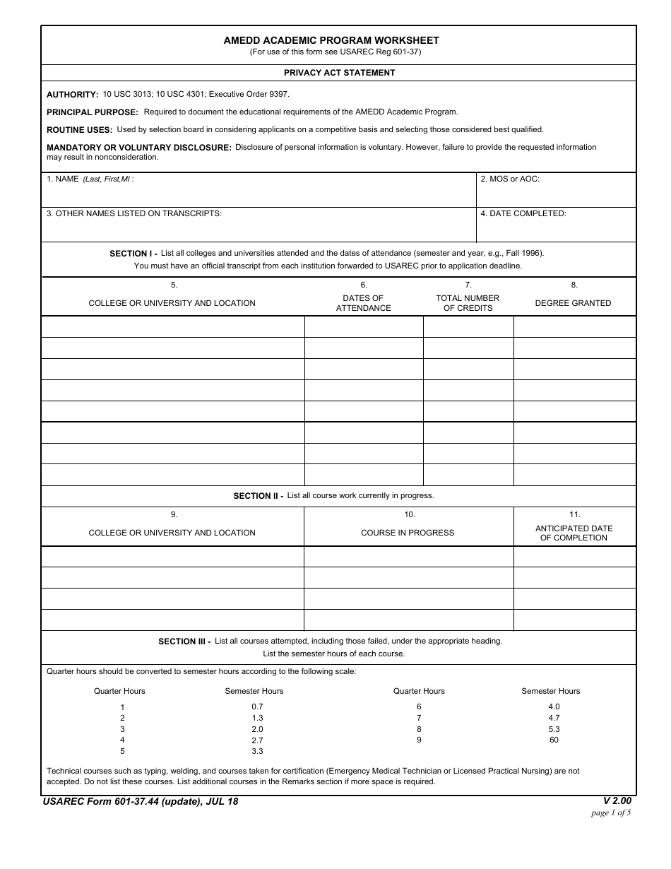 USAREC Form 601-37.44 Amedd Academic Program Worksheet, Page 1