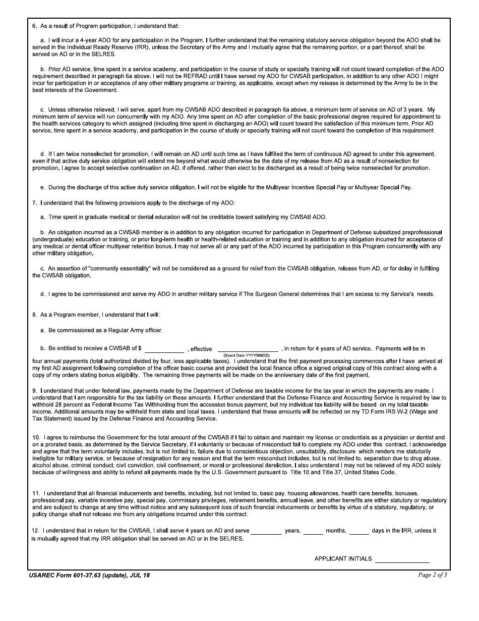 USAREC Form 601-37.63 Armed Forces Service Agreement - Critical Wartime Skills Accession Bonus for Physician and Dental Specialist, Page 2