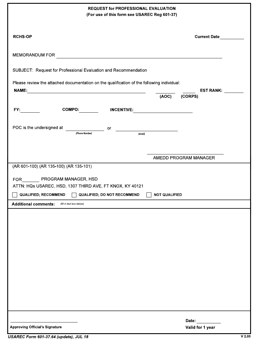 USAREC Form 601-37.64 Request for Professional Evaluation, Page 1