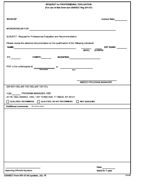 USAREC Form 601-37.64  Printable Pdf