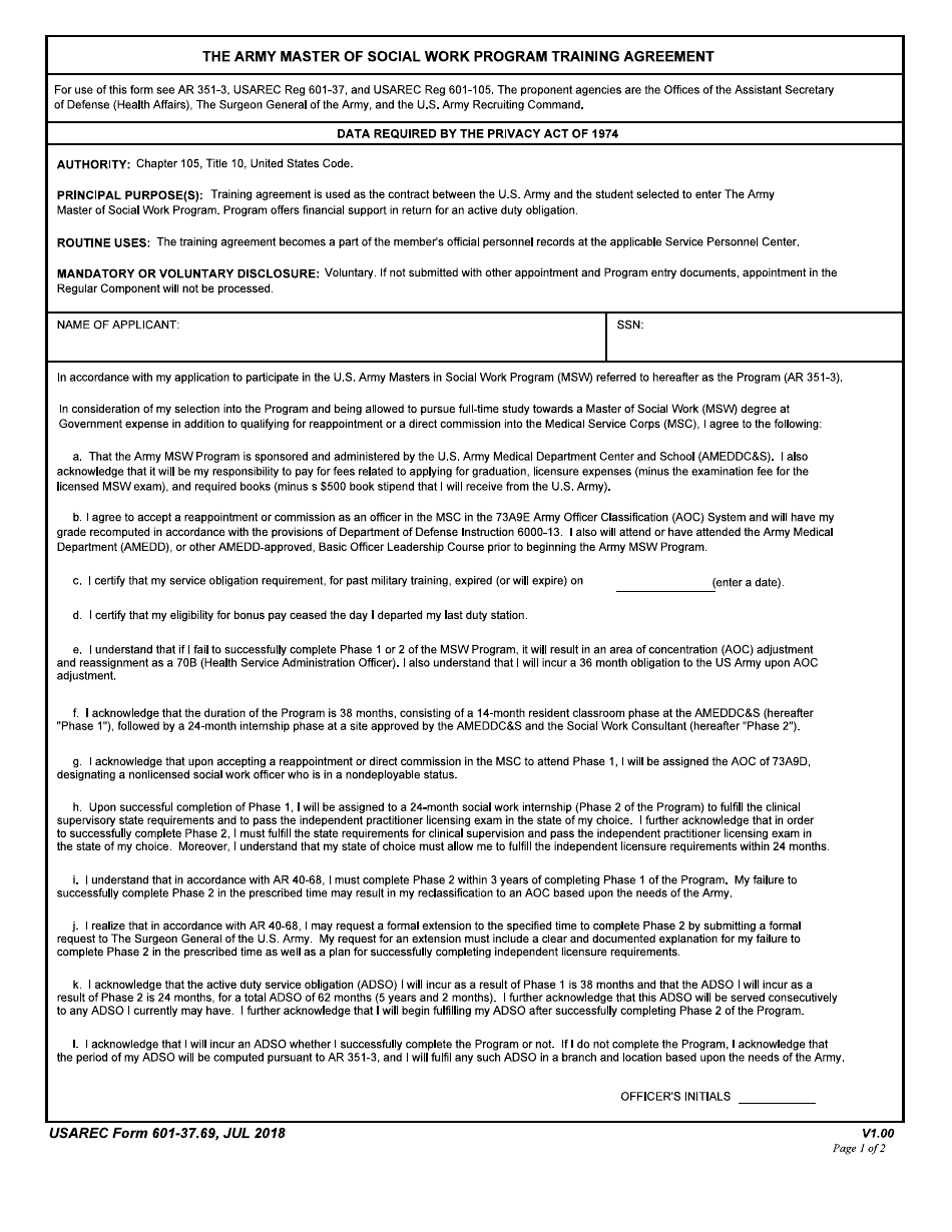 USAREC Form 601-37.69 The Army Master of Social Work Program Training Agreement, Page 1