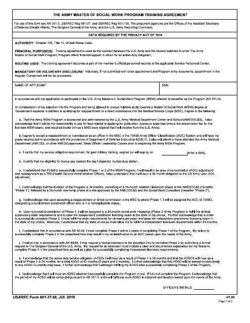 USAREC Form 601-37.69 The Army Master of Social Work Program Training Agreement