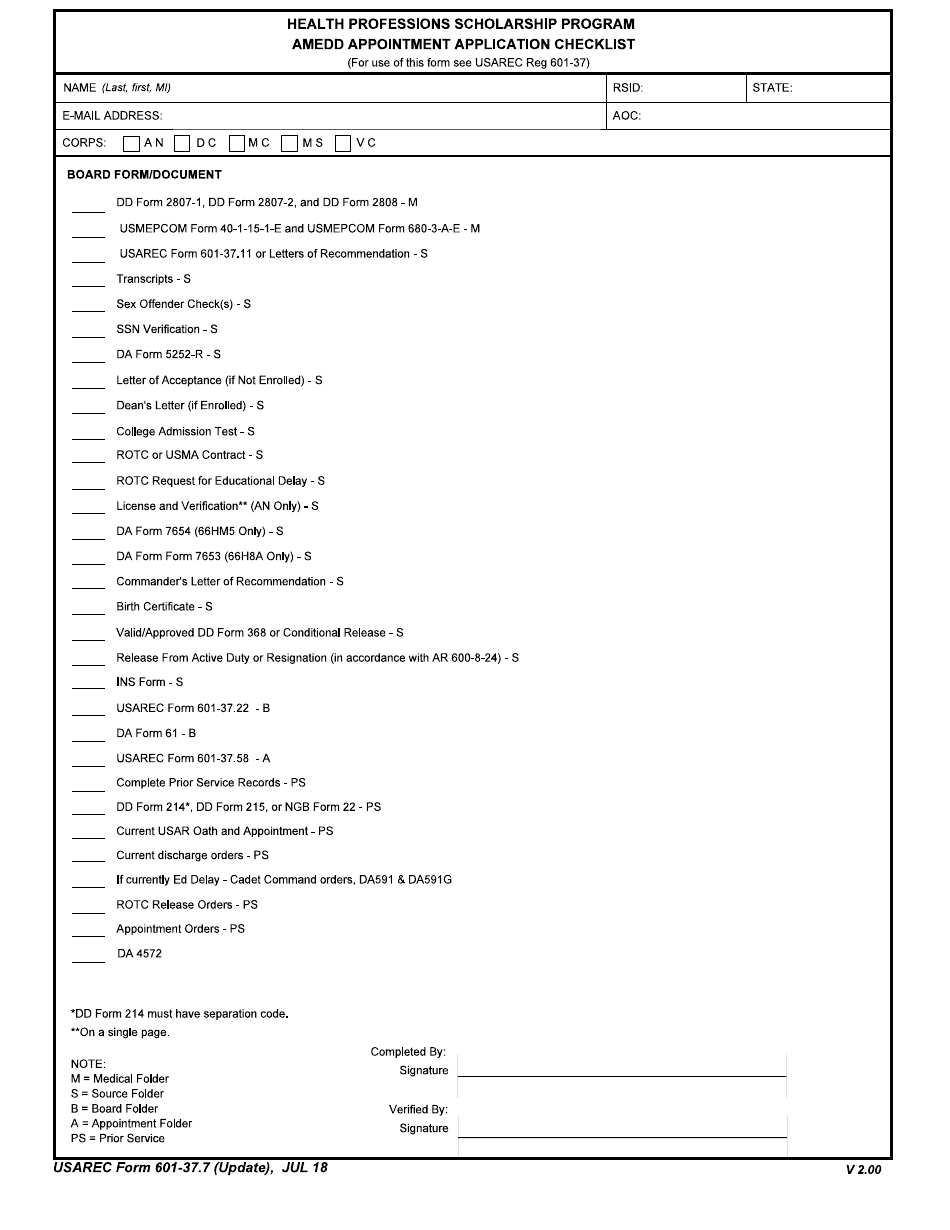 USAREC Form 601-37.7 Amedd Appointment Application Checklist - Health Professions Scholarship Program, Page 1