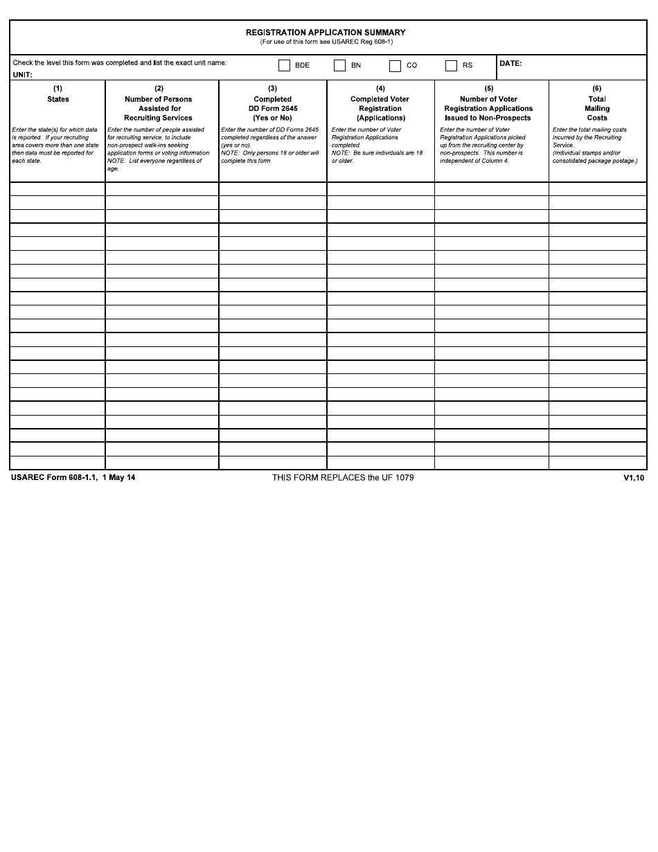 USAREC Form 608-1.1 Registration Application Summary, Page 1