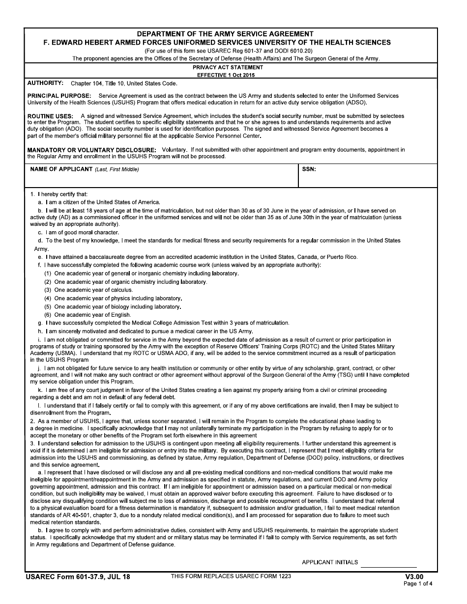 USAREC Form 601-37.9 Department of the Army Service Agreement - F. Edward Hebert Armed Forces Uniformed Services University of the Health Sciences, Page 1