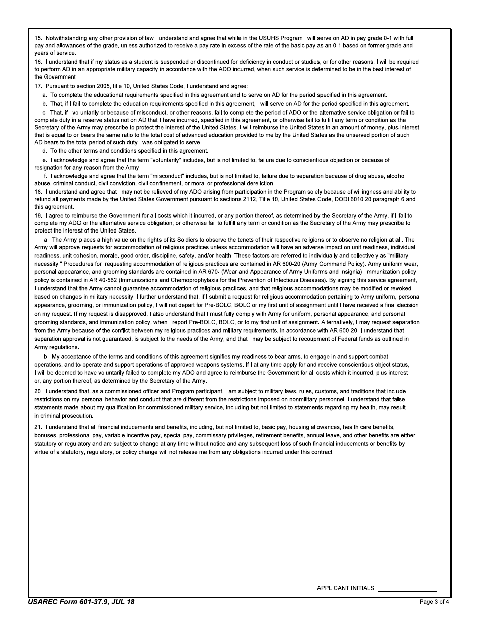 USAREC Form 601-37.9 Department of the Army Service Agreement - F. Edward Hebert Armed Forces Uniformed Services University of the Health Sciences, Page 3