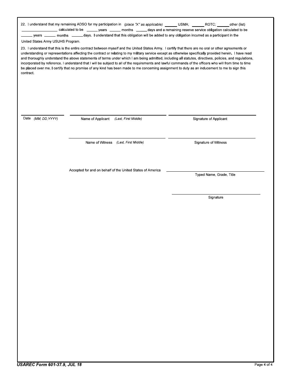 USAREC Form 601-37.9 Department of the Army Service Agreement - F. Edward Hebert Armed Forces Uniformed Services University of the Health Sciences, Page 4