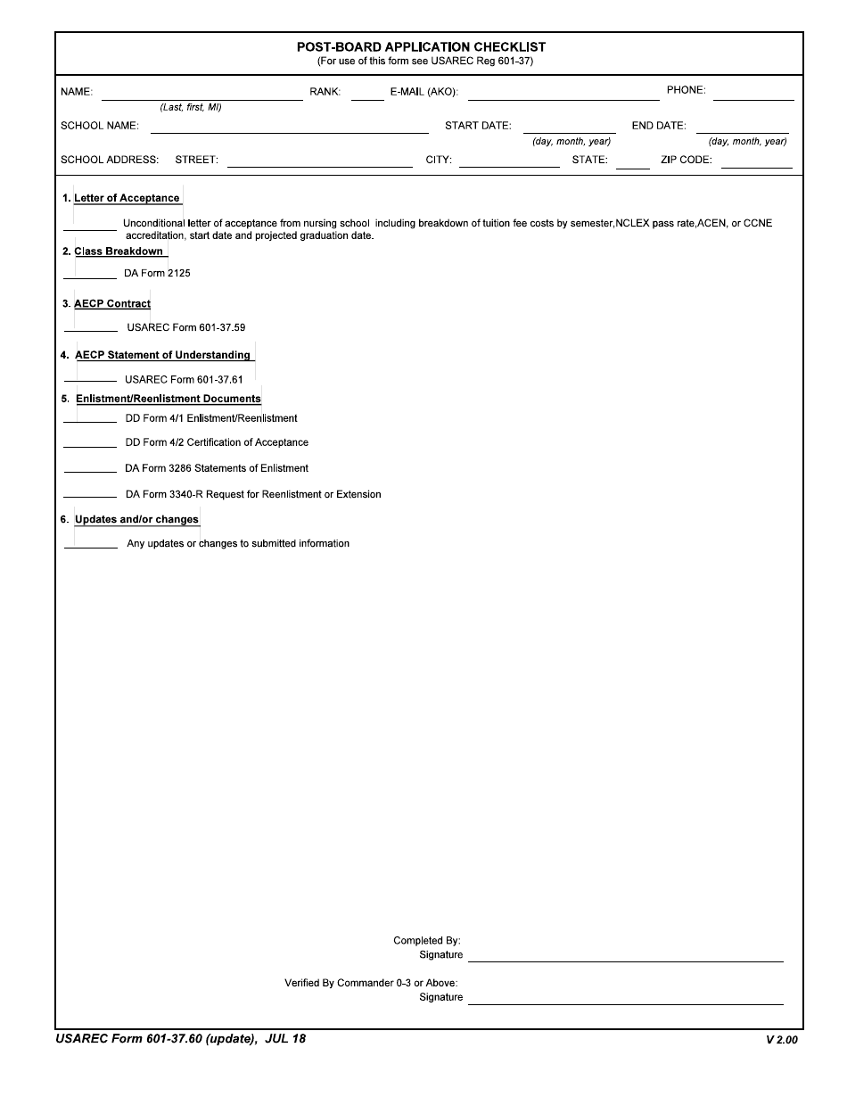 USAREC Form 601-37.60 Post-board Application Checklist, Page 1