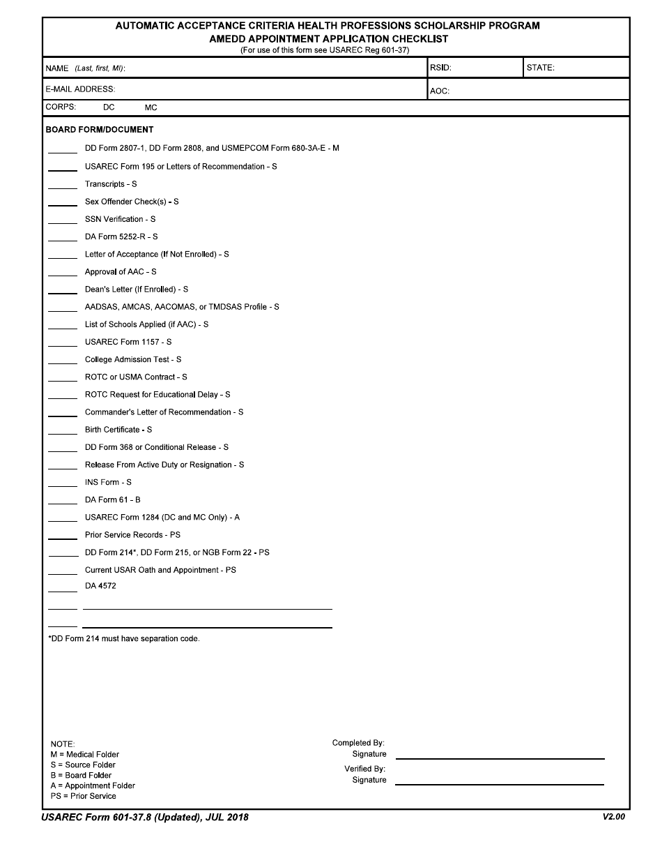 USAREC Form 601-37.8 Automatic Acceptance Criteria Health Professions Scholarship Program Amedd Appointment Application Checklist, Page 1